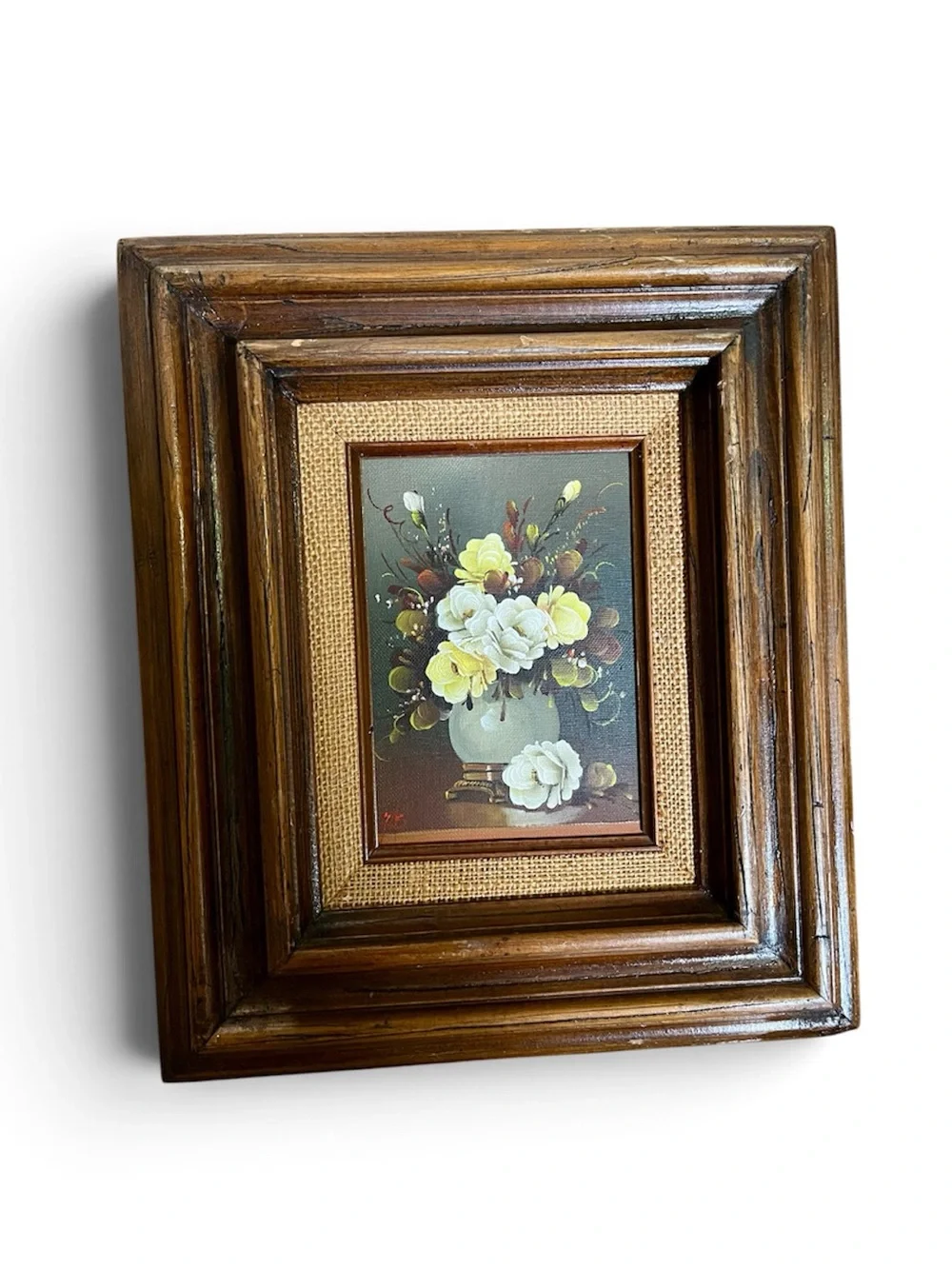 2x 1950s Vintage Hand painted Framed Floral Wall Art in Brown White and Yellow